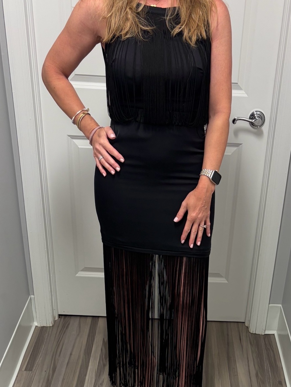 Black fringe maxi cocktail dress